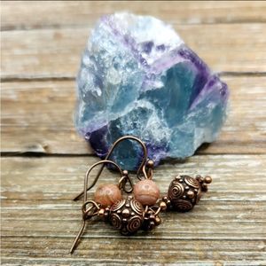 Rhodochrosite and Copper Drop Earrings